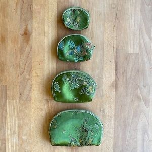 Set of 4 Green Nesting Cosmetic Bags with Silk Brocade and Dragons